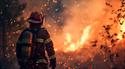 Firefighter in protective gear and equipment bravely battling an intense nighttime blaze surrounded by flames smoke