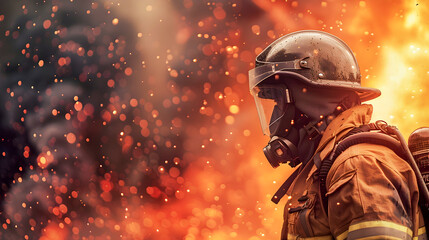 Fototapeta premium Fearless firefighter in protective gear and helmet standing amidst raging flames and thick smoke engaged in a dangerous emergency rescue to contain a devastating fire disaster