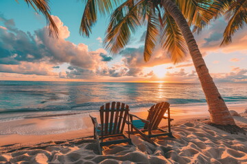 Beach chairs are placed on a beautiful beach with coconut trees.