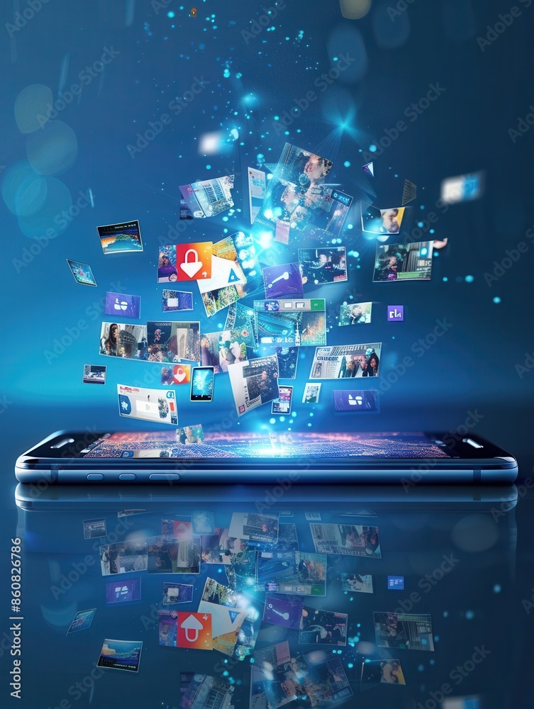 Poster A smartphone displaying a social media news feed with colorful images and icons, representing the flow of information in the digital world. Generative AI
