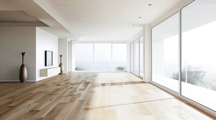 Fototapeta premium Minimalist living room with panoramic window and natural wooden floors showcasing a sophisticated and airy interior design concept The space exudes a sense of tranquility and simplicity