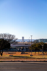 South hotel sector, Brasília shopping mall, Ramada hotel, Nacional hotel and others B Hotel and Brasil 21 shopping center with reflection in the lake in front of the TV tower 