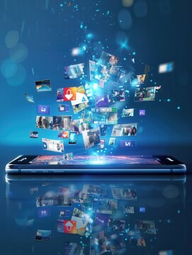 A smartphone displaying a social media news feed with colorful images and icons, representing the flow of information in the digital world. Generative AI