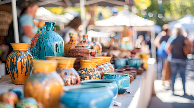 Vibrant and Lively Outdoor Artisan Craft Market Showcasing a Diverse Array of Handmade Pottery Ceramics and Other Local Artisanal Goods for Shoppers to Browse and Purchase