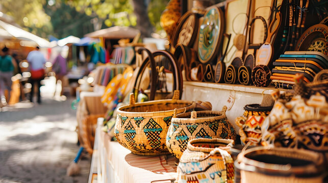 Vibrant Local Craft and Artisan Marketplace with Diverse Handmade Pottery Baskets Textiles and Other Artisanal Goods on Display for Sale to Visitors and Tourists