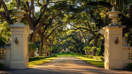 grand off-white entrance gate leading to a luxurious estate, lined with majestic trees and manicured lawns