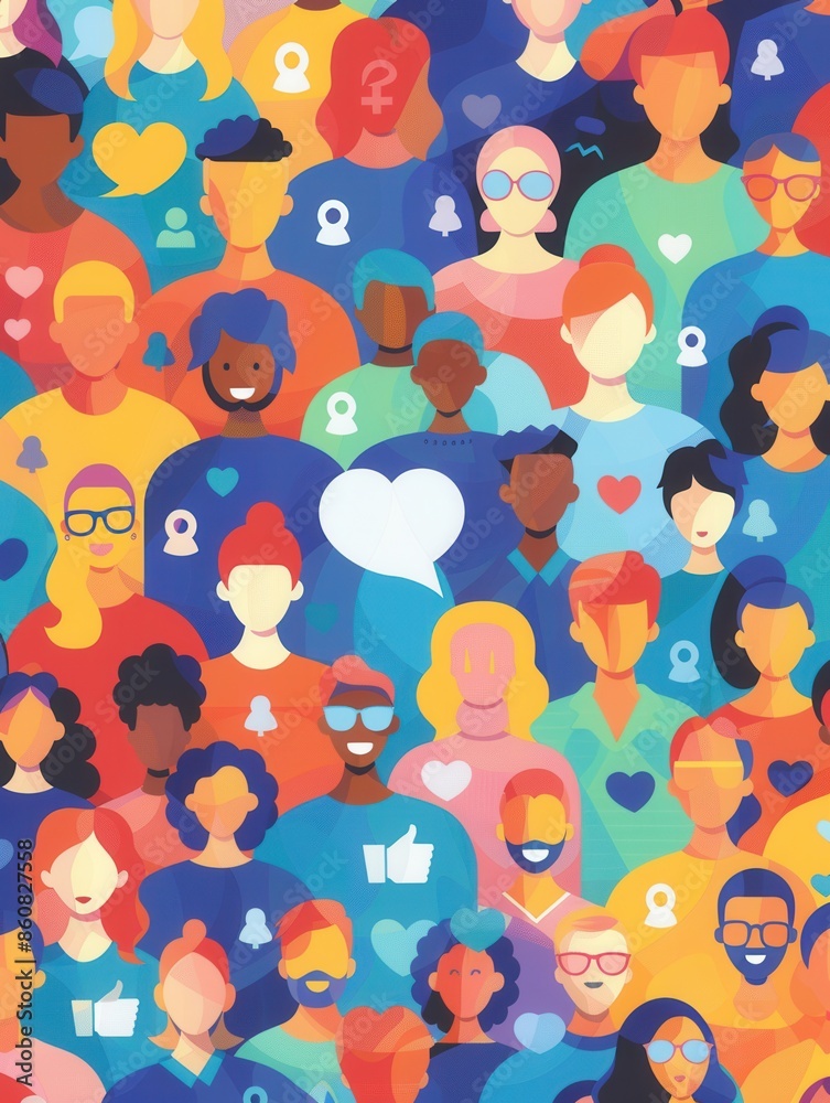 Aufkleber a vibrant illustration depicting a diverse group of people connected through social media, represent