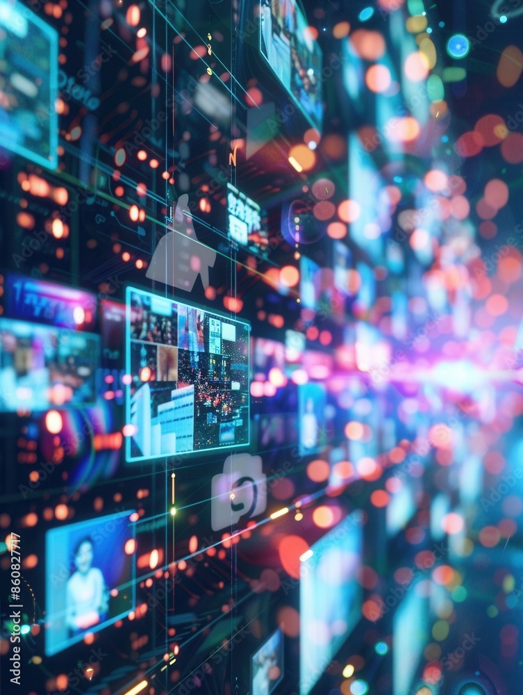 Leinwandbilder An abstract photo of a smartphone screen displaying a social media news feed with colorful lights and blurry backgrounds. Generative AI