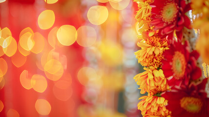 Decoration of red yellow flower  in indian wedding shallow depth of field or blur : Generative AI