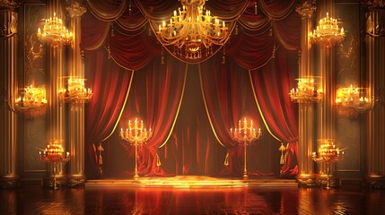 Grand Stage with Golden Chandeliers and Red Velvet Curtains