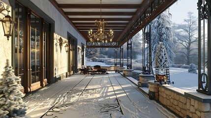 Fototapeta premium luxurious winter veranda with radiant floor heating and a vintage wrought-iron chandelier, offering a warm place to enjoy the snowy landscape