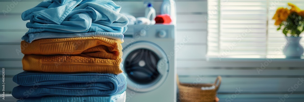 Poster a stack of freshly washed and folded clothes sits near a white washing machine in a laundry room. ge