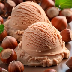 Closeup of hazelnuts ice cream scoop on a table, focusing on texture and appearance. Themes food, ingredients, tableware, natural foods, recipes, cuisine, plants, dishes, produce, sorbetes