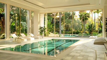 Fototapeta premium luxurious off-white indoor swimming pool, with floor-to-ceiling windows that provide views of a lush garden outside