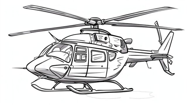 recommend clip art: Black and white illustration of a modern helicopter, showcasing detailed rotor blades and cabin structure, with a sleek and dynamic design.