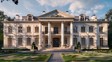Fototapeta premium majestic colonial mansion with an off-white facade, accented by elegant historical architectural details