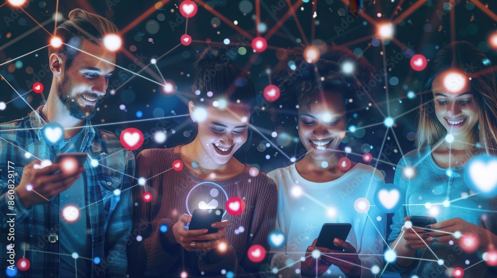 Aufkleber A diverse group of friends uses smartphones and connects through social media platforms, creating a network of online interactions and digital communication. Generative AI