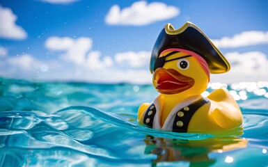 Pirate rubber duck floats on the water. Blurred bokeh sunny sky and wavy water.