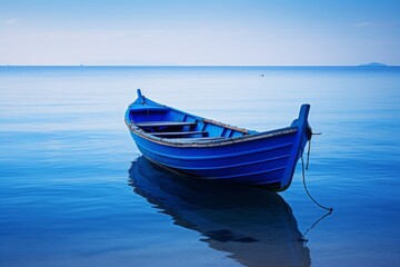 Naklejka premium A solitary blue boat floating on a vast, calm sea with gentle waves reflecting on the surface, evoking a sense of tranquility, isolation, and peacefulness in a serene setting.