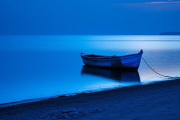 Naklejka premium A lonely boat anchored on a quiet, peaceful shoreline under a serene, deep blue dusk, creating a tranquil and contemplative atmosphere with calm reflections on the water.
