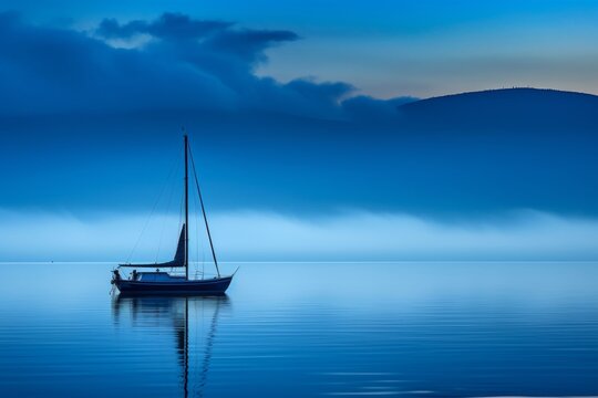 This image captures a serene sailboat floating effortlessly on a calm, blue lake with a misty background and soft morning light reflecting off the water, evoking tranquility.