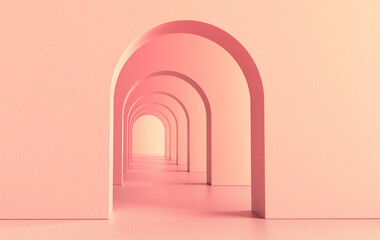 3d rendering. Arch hallway simple geometric background, architectural corridor, portal, arch columns inside empty wall. Modern minimal concept