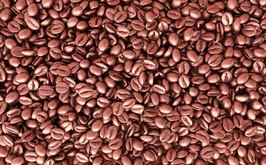 Golden coffee beans 3d rendering background. Masses of coffee beans close up. Top view