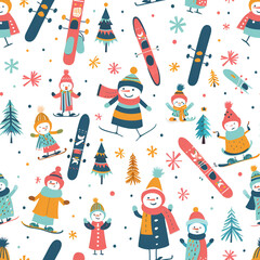 Cute Seamless Pattern with Snow, Skis, and Snowman