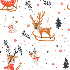 Fototapeta premium Cute Seamless Pattern with Snow, Sled, and Reindeer