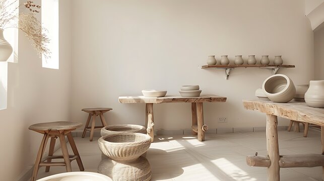 minimalist off-white themed pottery class studio, where individuals can learn wheel throwing and clay modeling in a relaxing, creative environment