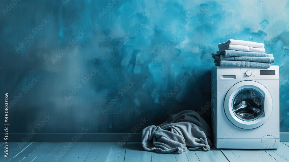 Aufkleber a white washing machine sits in a modern laundry room with a blue wall and a stack of folded towels 