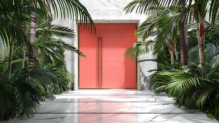 Fototapeta premium modern tropical entryway with a bright coral door, framed by lush palms and featuring a sleek, white marbled floor