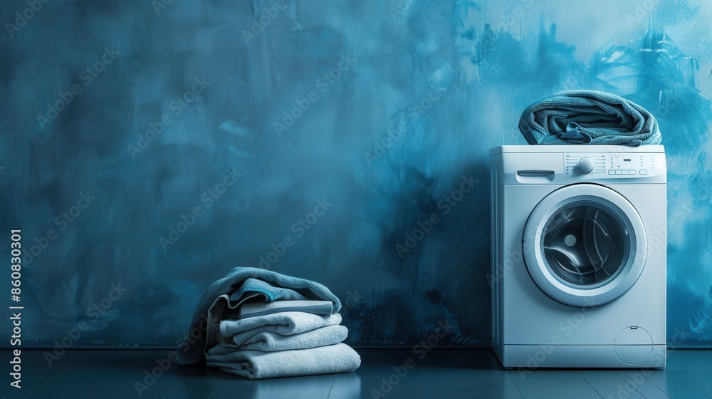 Poster a white washing machine stands against a blue tiled wall, with a neatly folded stack of clean laundr