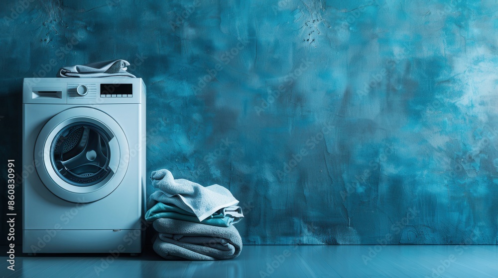 Poster A white washing machine with a closed door is positioned in front of a blue wall. A stack of neatly folded laundry sits in front of the machine. Generative AI