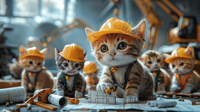 Cat Engineering: A group of industrious cats in hard hats and tool belts, working on complex construction projects with miniature cranes and blueprints, blending cuteness with technical prowess.