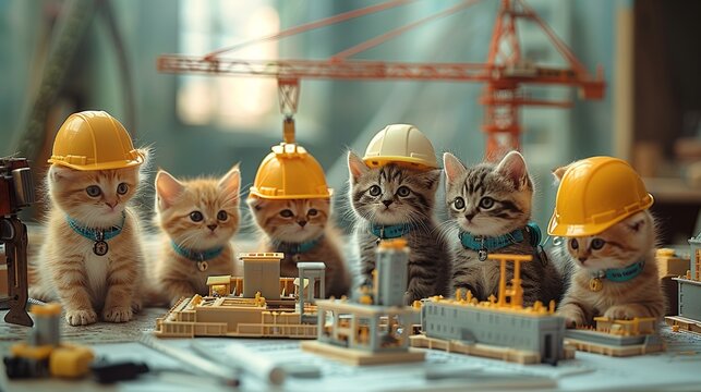 Cat Engineering: A group of industrious cats in hard hats and tool belts, working on complex construction projects with miniature cranes and blueprints, blending cuteness with technical prowess.