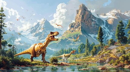 Dinosaur Adventure: A thrilling scene of dinosaurs roaming a prehistoric landscape, with rich details and dynamic action, evoking the excitement of the Jurassic era. Illustration, Minimalism,