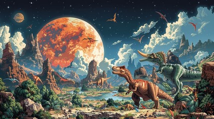 Dinosaur Adventure: A thrilling scene of dinosaurs roaming a prehistoric landscape, with rich details and dynamic action, evoking the excitement of the Jurassic era. Illustration, Minimalism,
