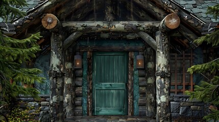 rustic entryway with a deep forest green door, framed by rough-hewn logs and a roof of natural slate tiles