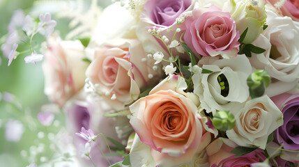 Obraz premium Wedding flowers brides bouquet closeup Decoration of roses peonies and ornamental plants closeup selective focus nobody objects Wedding flowers brides bouquet closeup Decoration of ros : Generative AI