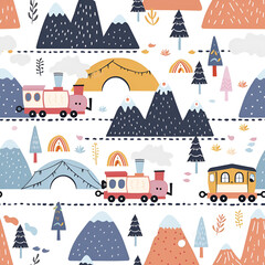 Cute Seamless Pattern with Train and Mountains