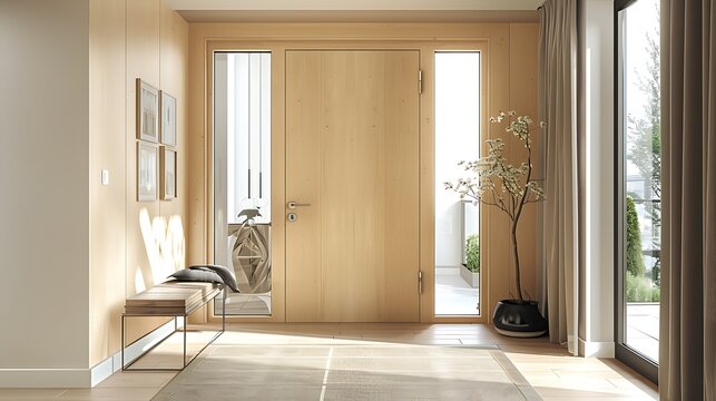 Scandinavian entryway with a light birch door, complemented by minimalistic design and a soft, neutral color palette