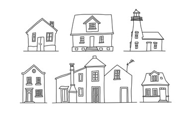 Cute European buildings set. Architecture of different countries. Hand drawn vector illustration. Isolated objects on white background. Line art.