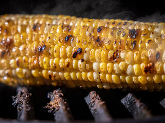 Close up of Yellow corn on the cob in sunlight on a grill with char marks  on the kernals and smoke...