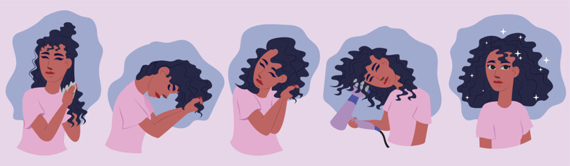 VECTOR ILLUSTRATION OF THE CURLY METHOD. GIRL COMBING HER CURLS WITH A DIFFUSER. LATIN GIRL SHOWING THE STEPS TO HAVE REFINED CURLS. Curly hair care process in steps.