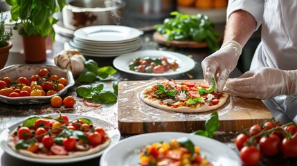 A chef is making a pizza with tomatoes and basil. Generate AI image