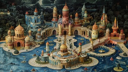 Fototapeta premium Challenging Jigsaw Puzzle: Create a challenging jigsaw puzzle image featuring a complex, detailed scene of a mythical kingdom with intricate architecture and fantastical elements. Illustration,