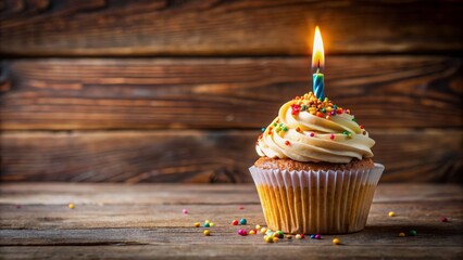 Colorful sprinkles adorn a decadent cupcake topped with a single flickering candle, casting a warm glow on a rustic wooden background.