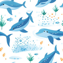 Fototapeta premium Cute Seamless Pattern with Dolphins and Sea Waves