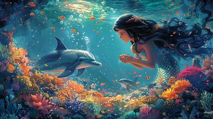 Mermaid and Dolphin Friends: Create an illustration of a mermaid playing with dolphins in a vibrant underwater world. Emphasize the joy and freedom of the ocean, with colorful corals and sea life